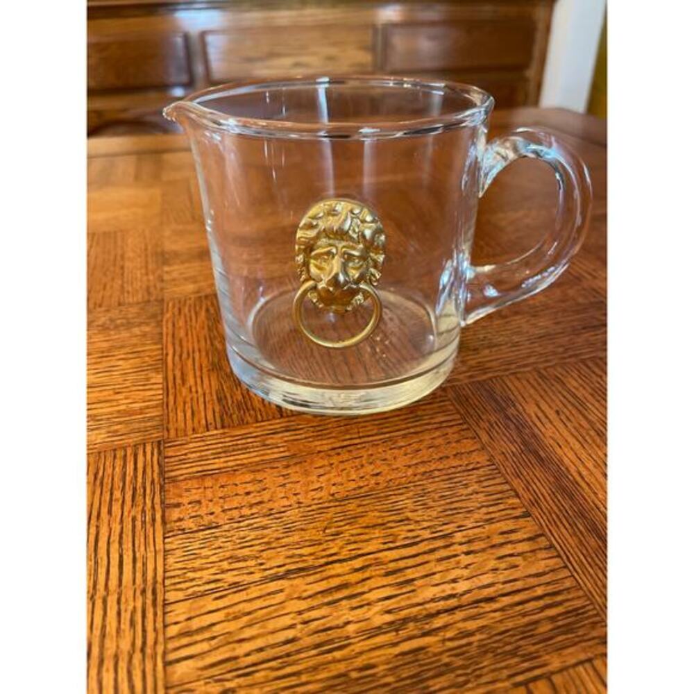 Vintage MCM glass pitcher with gilded  lions head on front